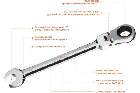 Купить Комбинированный гаечный ключ трещоточный шарнирный 17 мм  ЗУБР фото №3