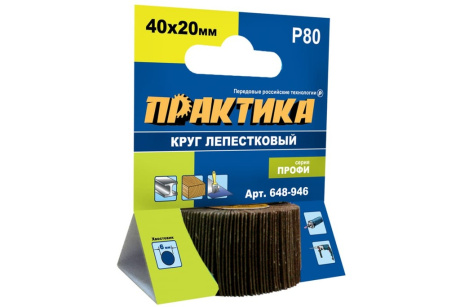 Купить Круг лепестковый с оправкой ПРАКТИКА 40х20мм; Р80; хвостовик 6мм; Профи 648-946 фото №1